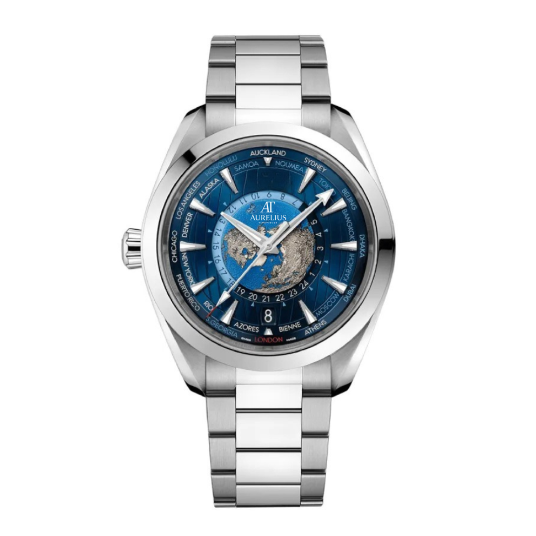 World Time 43 – Blue Global Map Dial | Steel Bracelet & Smooth Bezel
